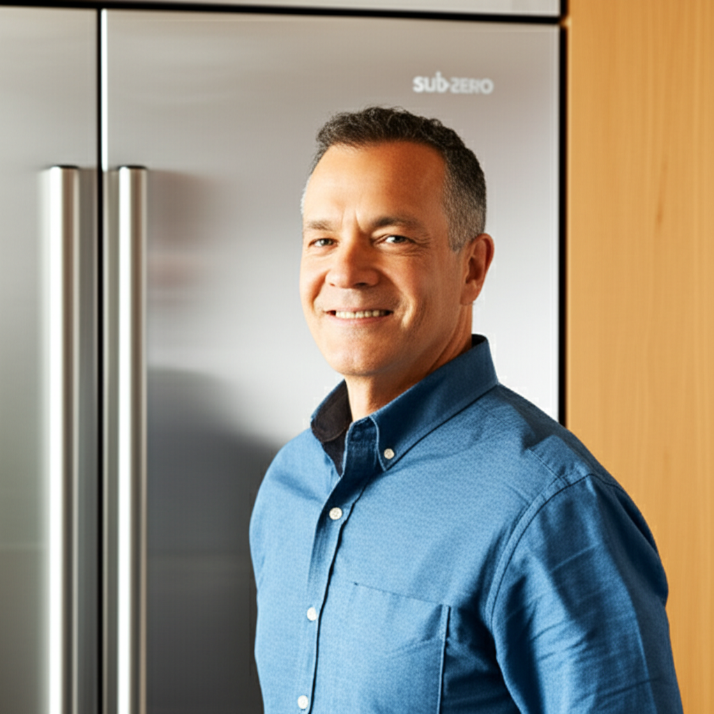 Satisfied customer with repaired appliance