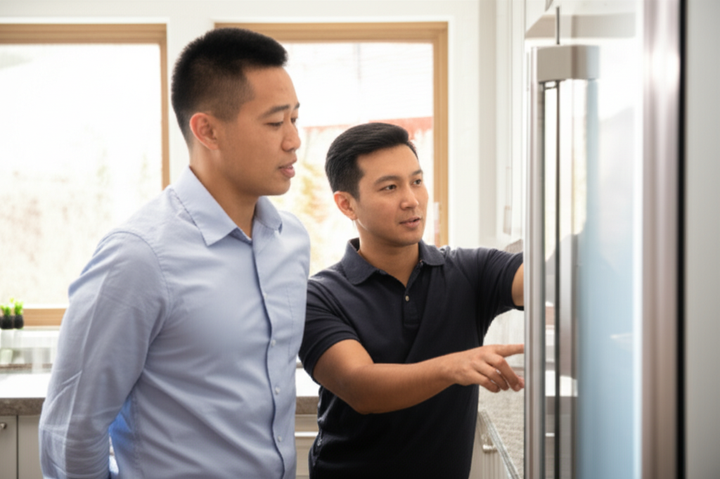 Technician consulting with homeowner about appliance repair